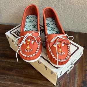 Vintage Taos Moccasins Indian Maid 7½ Rust Leather Beaded Thunderbird NIB‎